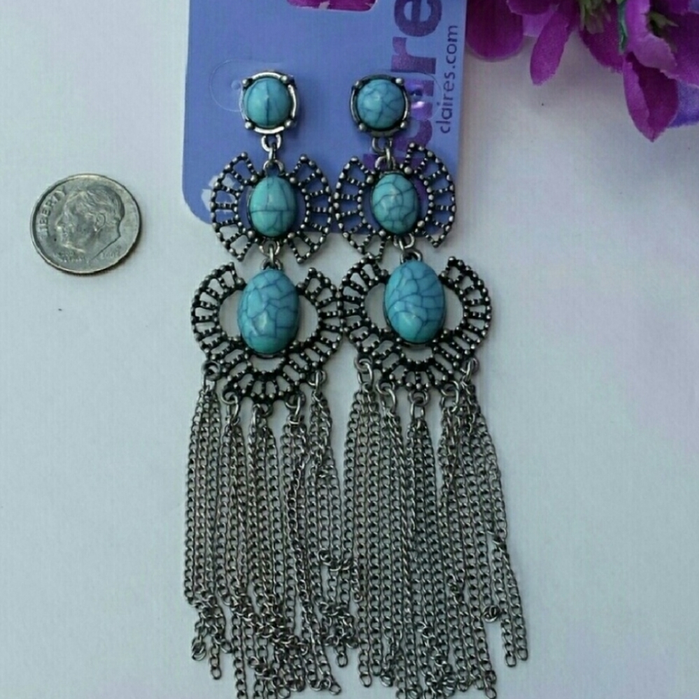 SILVER TURQUOISE DANGLE EARRINGS - Picture 4 of 4